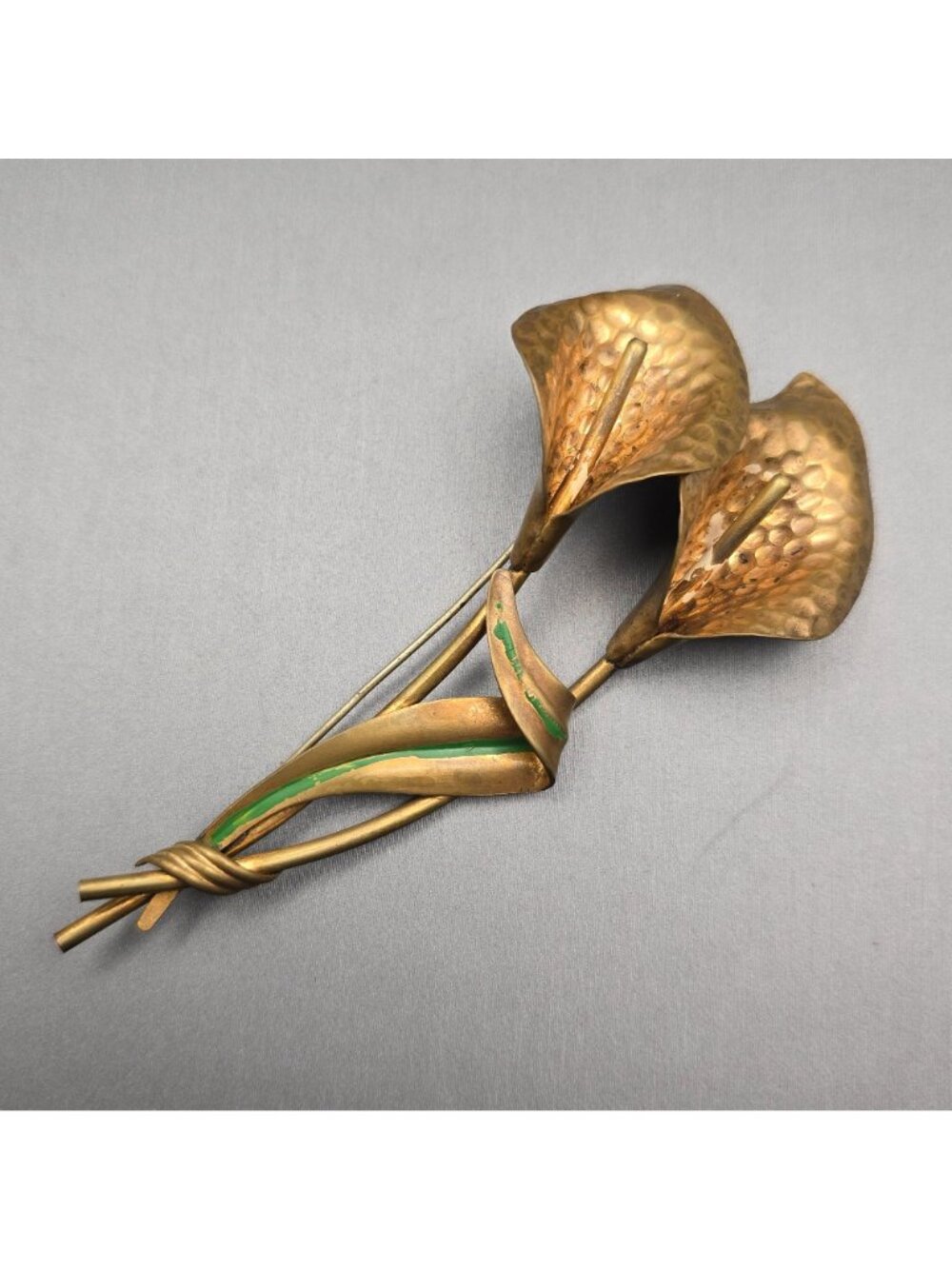Vintage Brass Calla Lily Brooch 4" Hammered Floral Pin Statement Piece - Picture 11 of 11